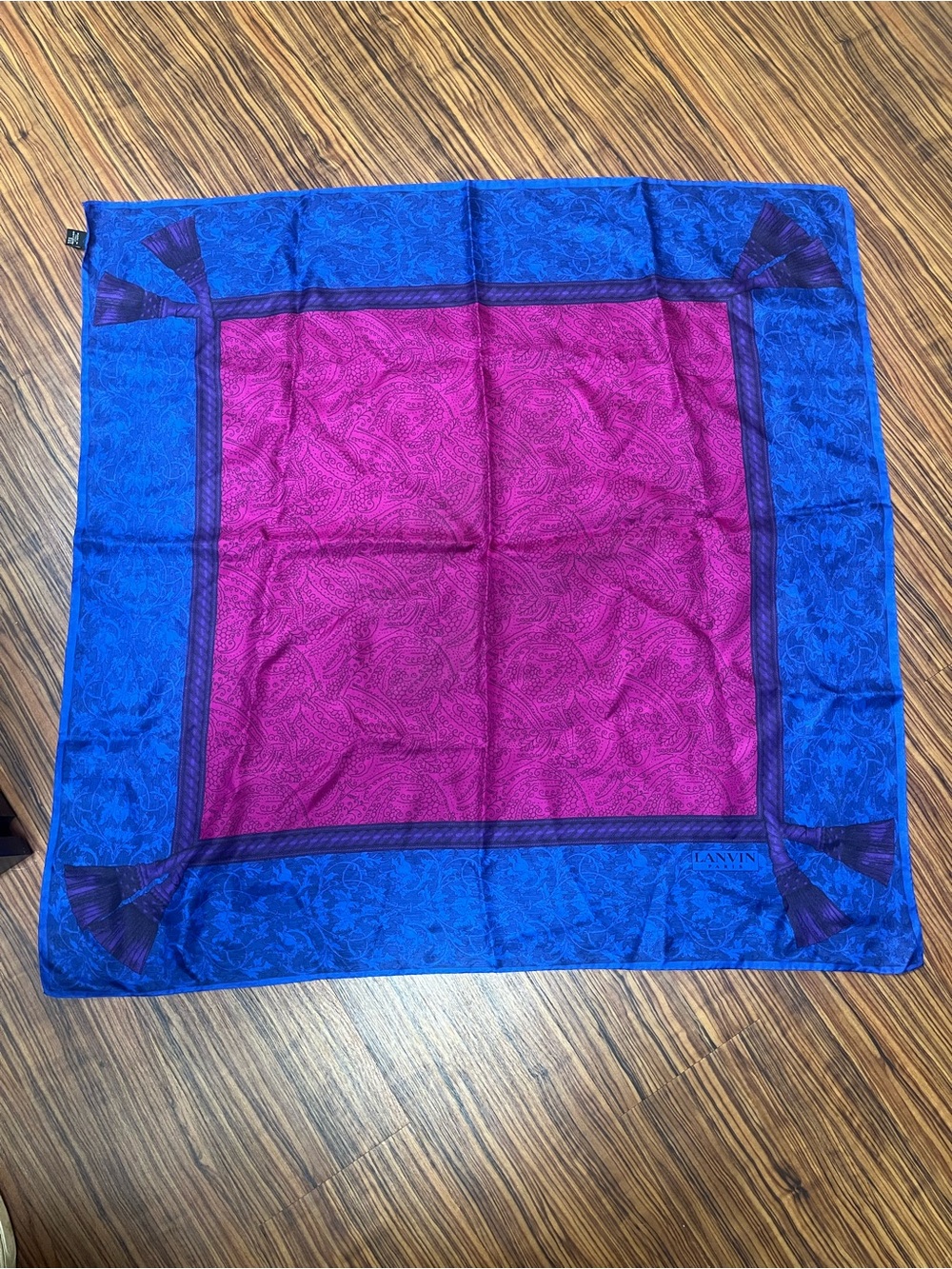 VTG Lanvin Paris 100% Silk Scarf Paisley Tassel Blue Magenta Purple 30” Italy - Picture 4 of 11